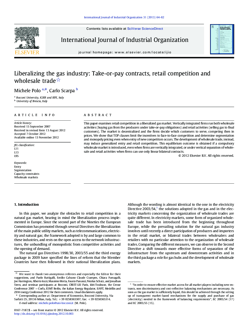 Liberalizing the gas industry: Take-or-pay contracts, retail competition and wholesale trade