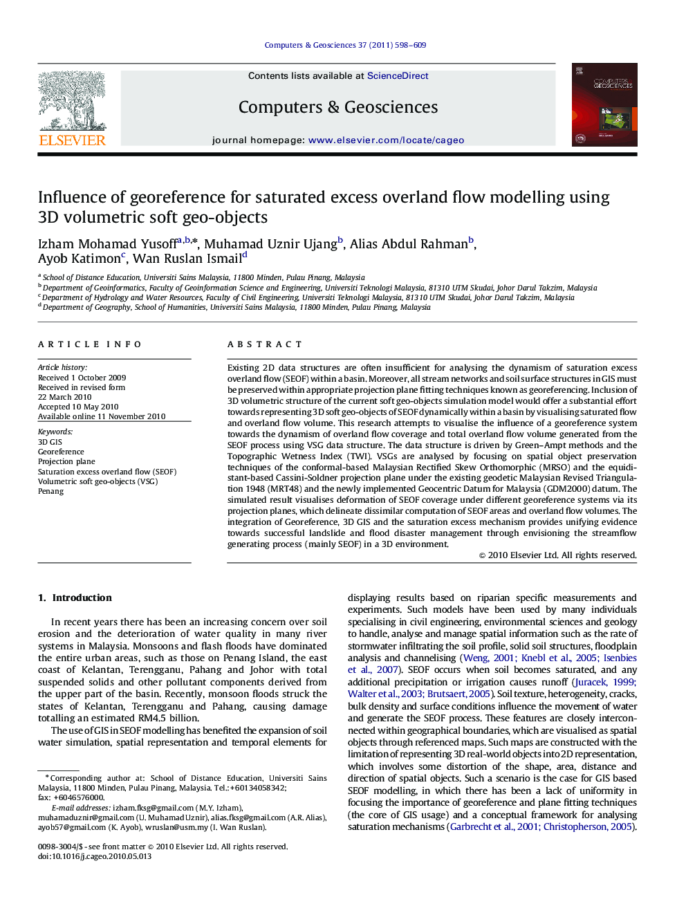 Influence of georeference for saturated excess overland flow modelling using 3D volumetric soft geo-objects