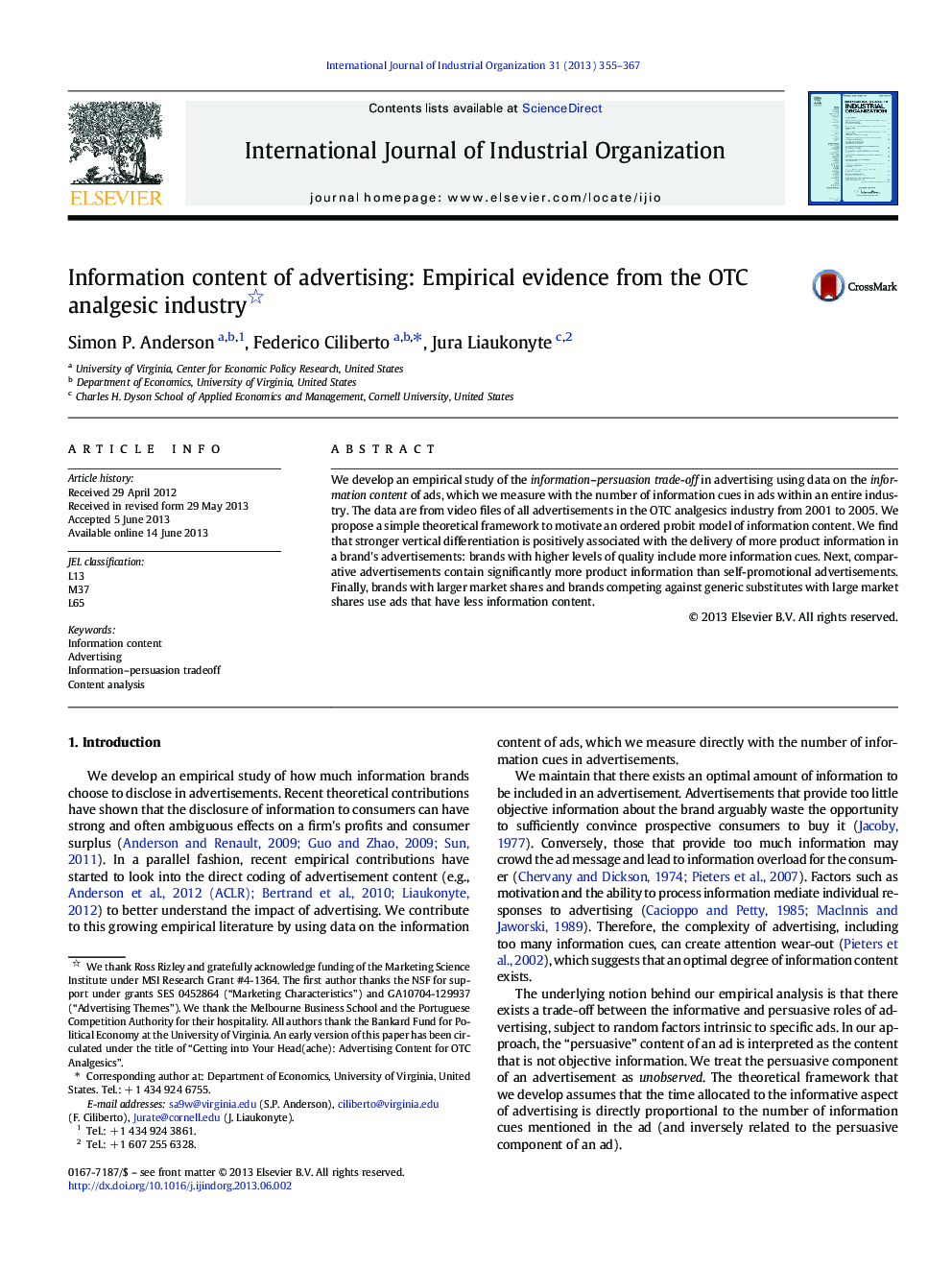 Information content of advertising: Empirical evidence from the OTC analgesic industry