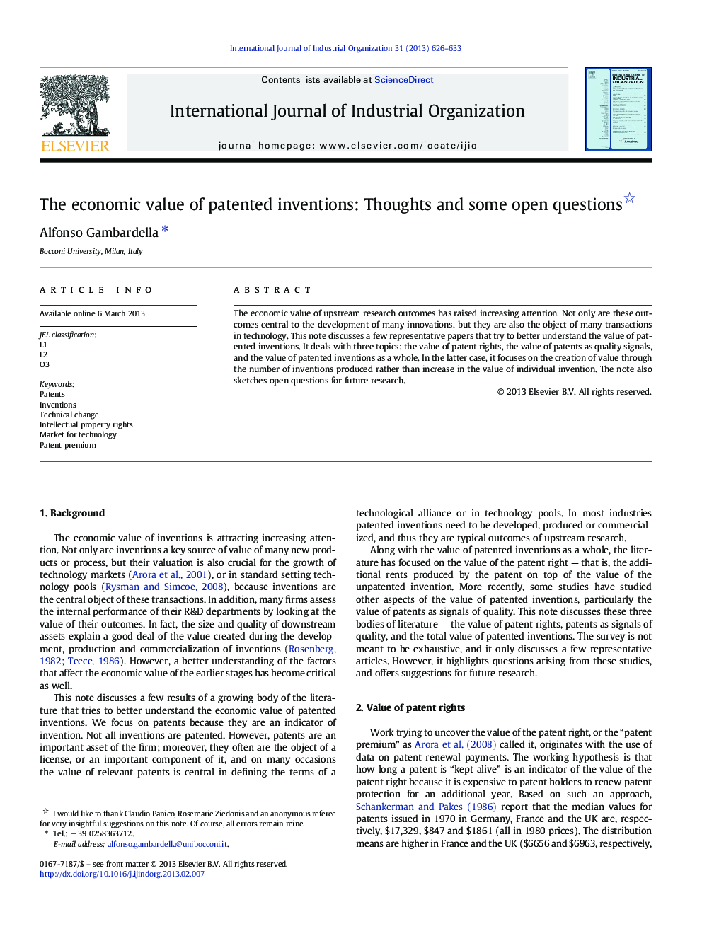 The economic value of patented inventions: Thoughts and some open questions