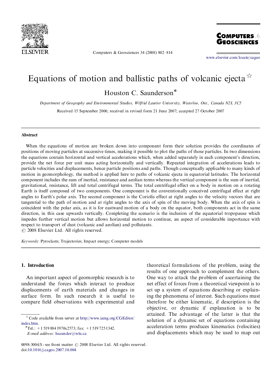 Equations of motion and ballistic paths of volcanic ejecta 