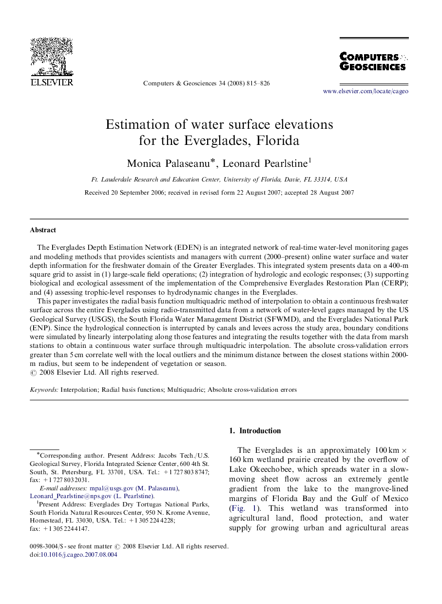 Estimation of water surface elevations for the Everglades, Florida