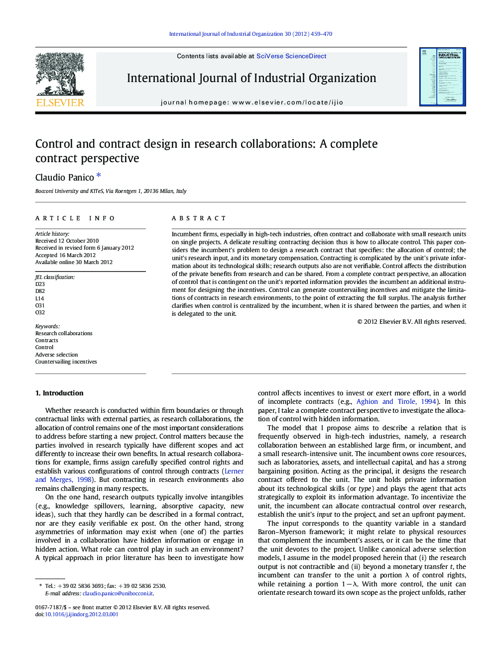 عکس صفحه اول مقاله: Control and contract design in research collaborations: A complete contract perspective Control and contract design in research collaborations: A complete contract perspective