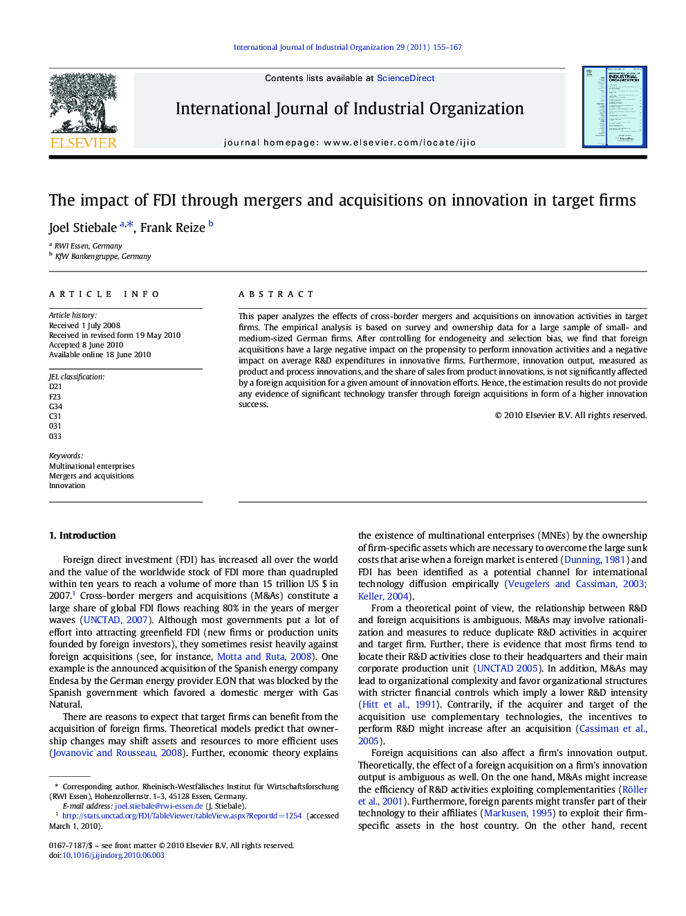 The impact of FDI through mergers and acquisitions on innovation in target firms