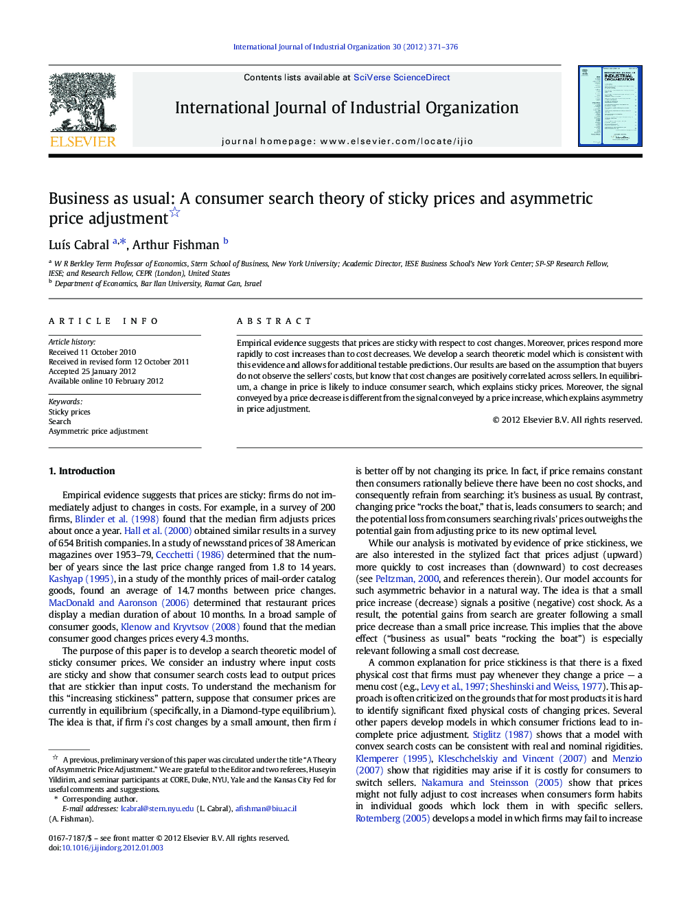 Business as usual: A consumer search theory of sticky prices and asymmetric price adjustment