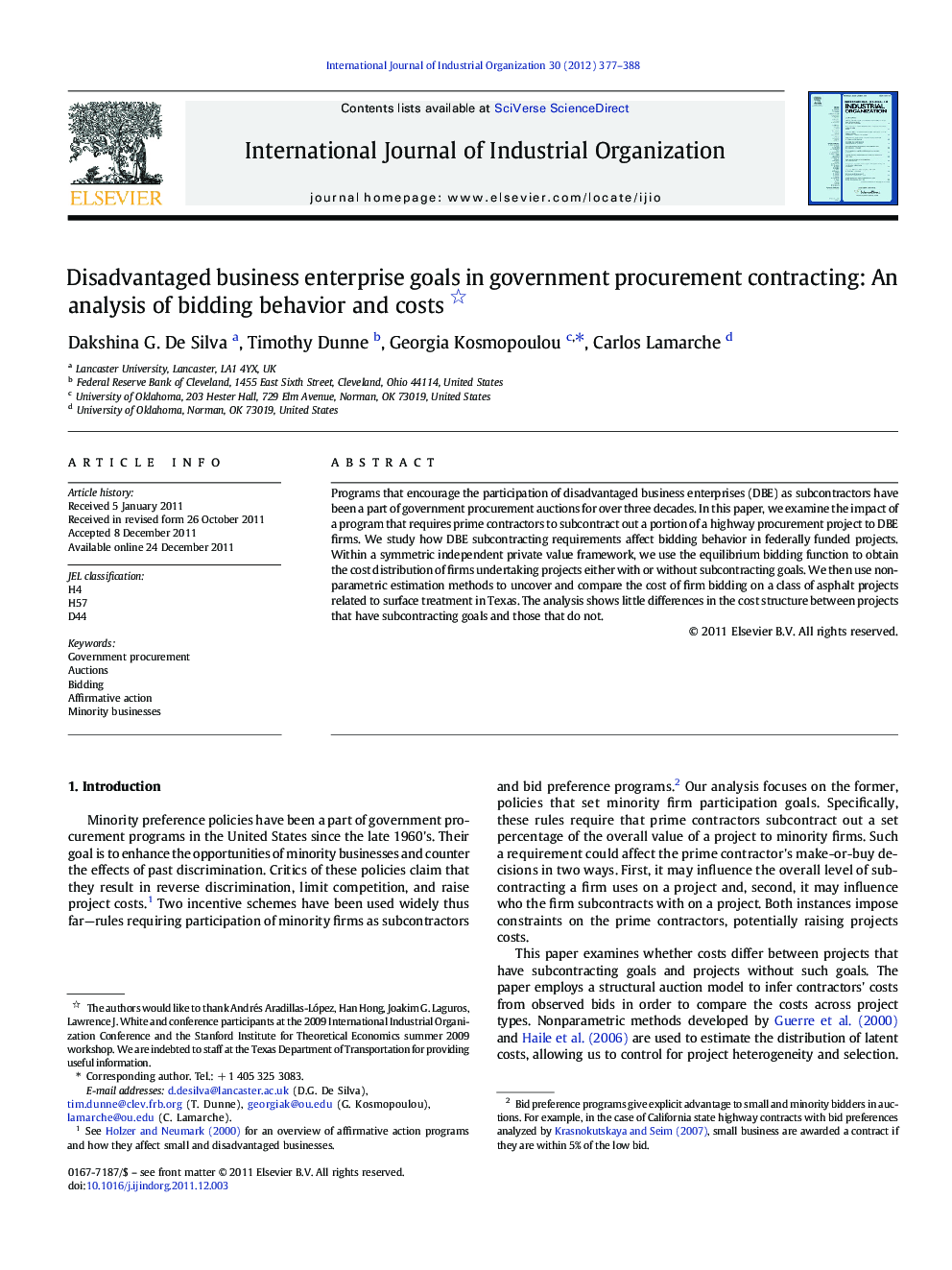 Disadvantaged business enterprise goals in government procurement contracting: An analysis of bidding behavior and costs