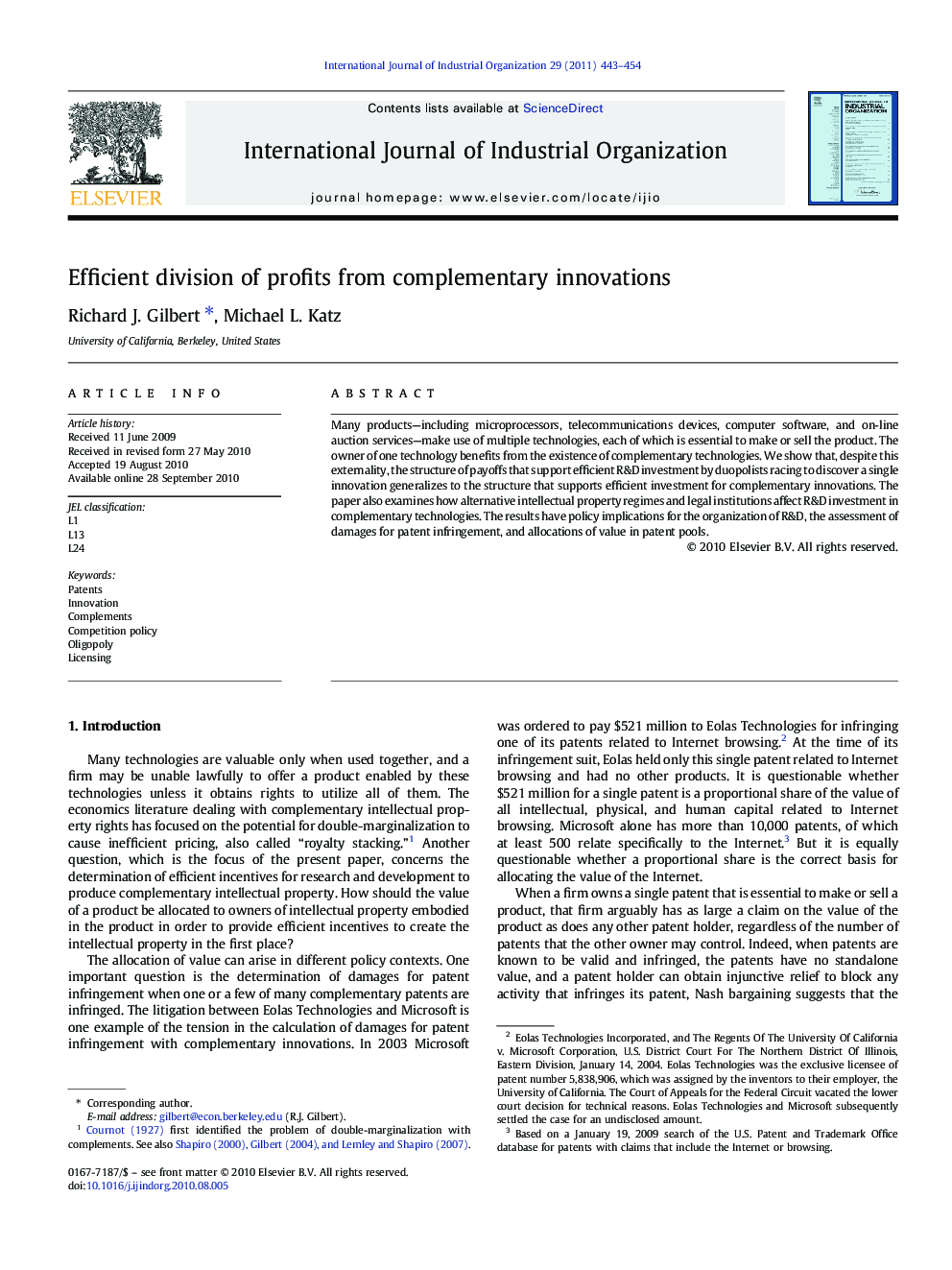 Efficient division of profits from complementary innovations