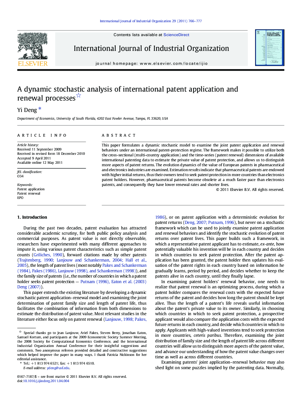 A dynamic stochastic analysis of international patent application and renewal processes