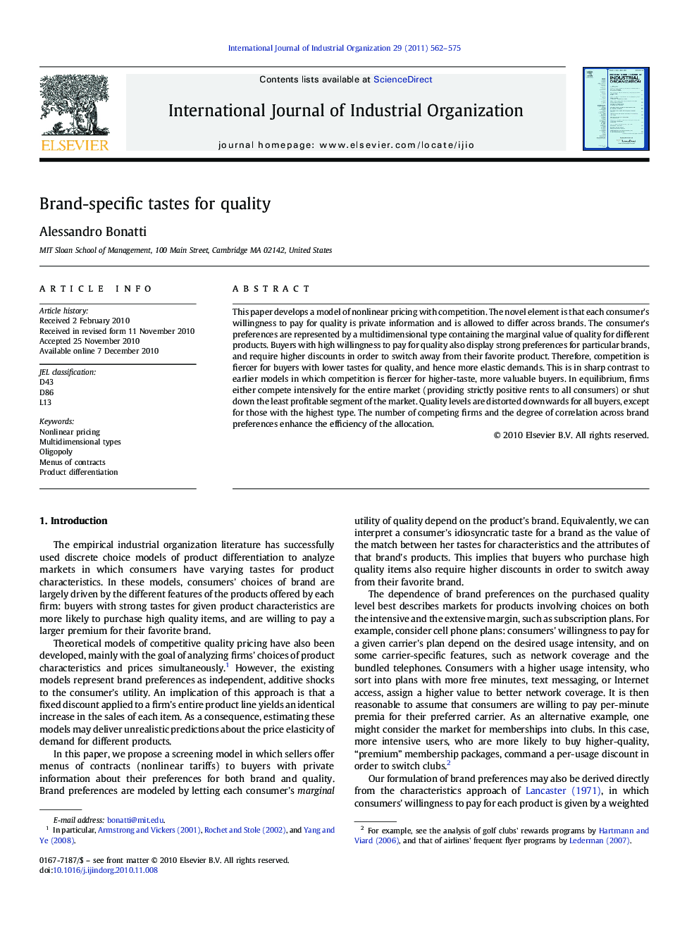 عکس صفحه اول مقاله: Brand-specific tastes for quality Brand-specific tastes for quality