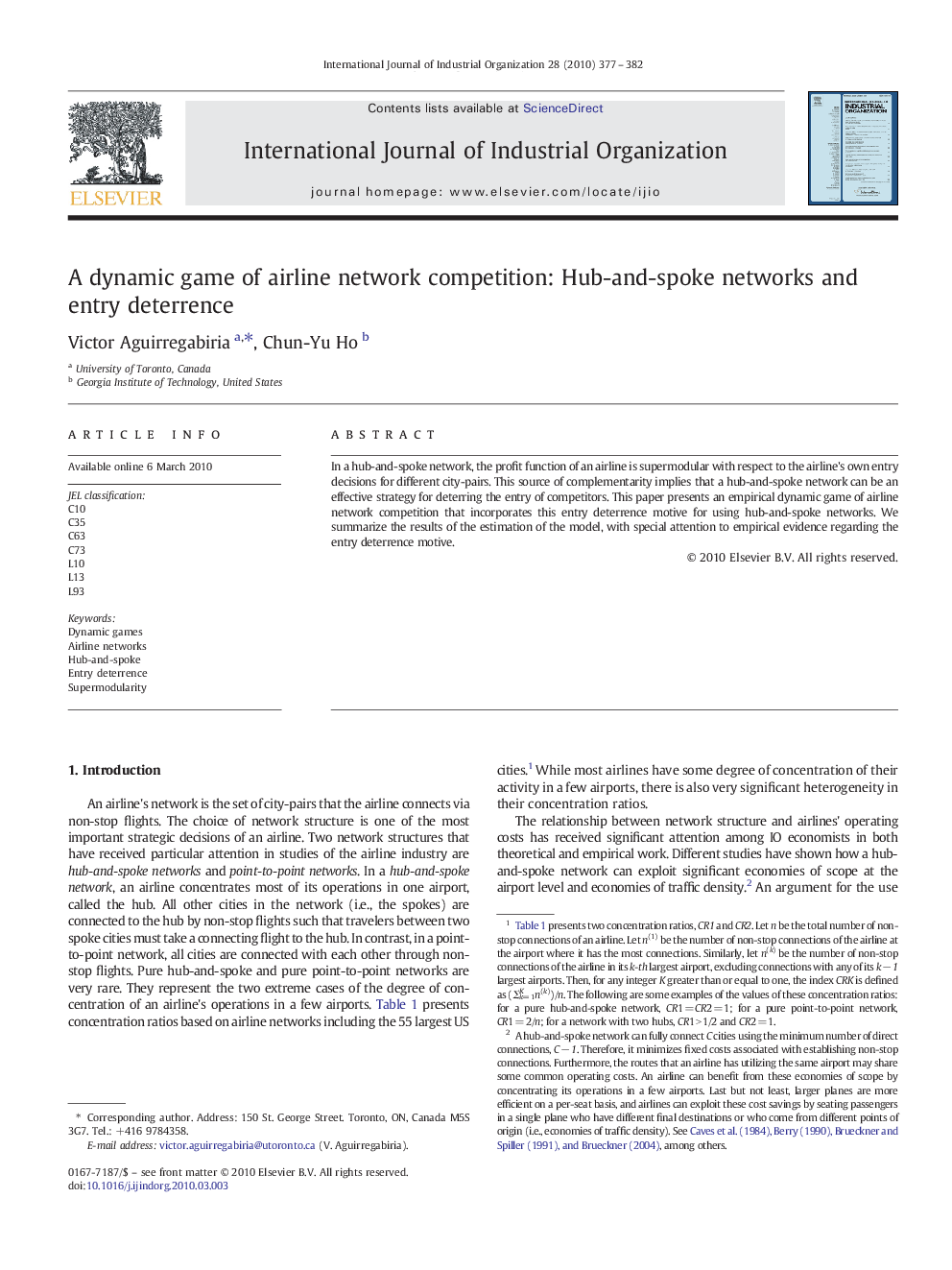 A dynamic game of airline network competition: Hub-and-spoke networks and entry deterrence