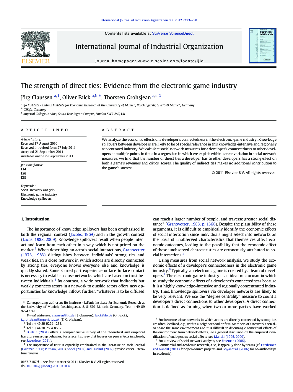 The strength of direct ties: Evidence from the electronic game industry