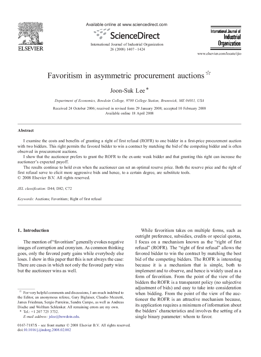 Favoritism in asymmetric procurement auctions