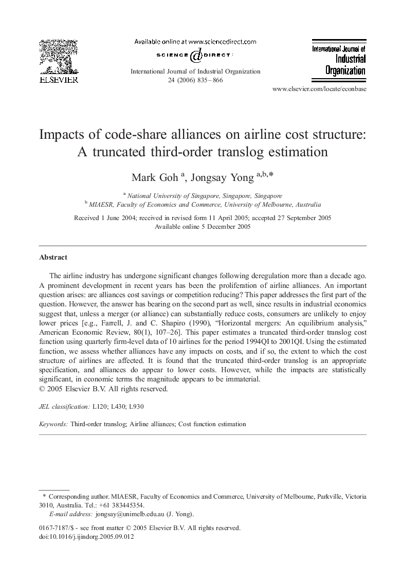 Impacts of code-share alliances on airline cost structure: A truncated third-order translog estimation