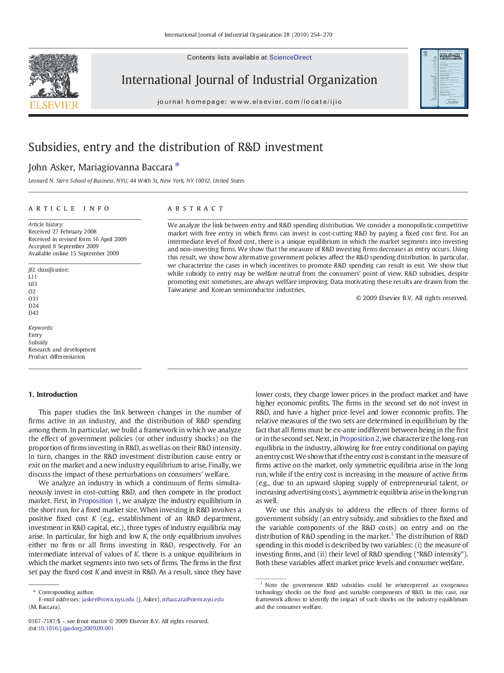 Subsidies, entry and the distribution of R&D investment