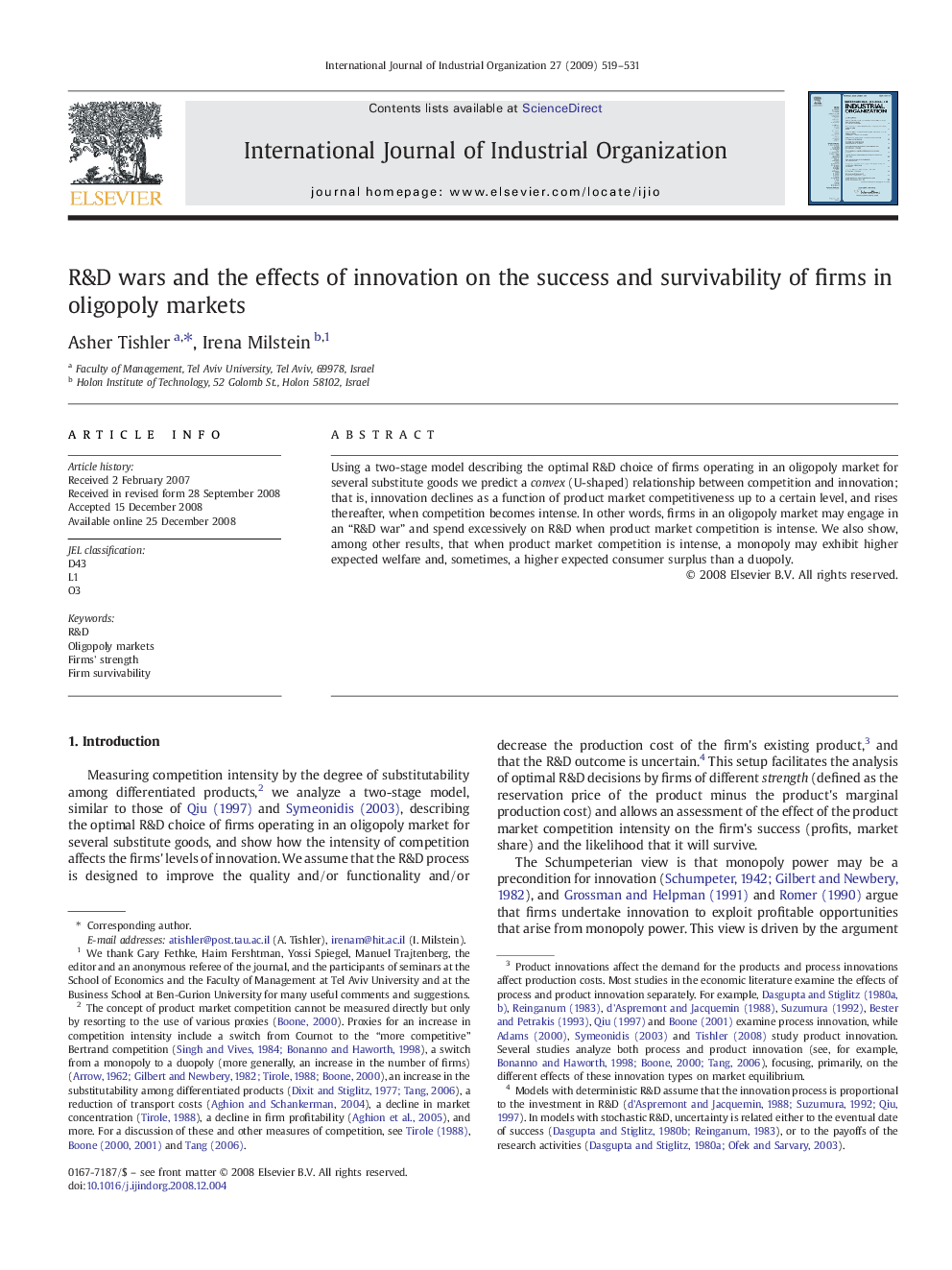 R&D wars and the effects of innovation on the success and survivability of firms in oligopoly markets