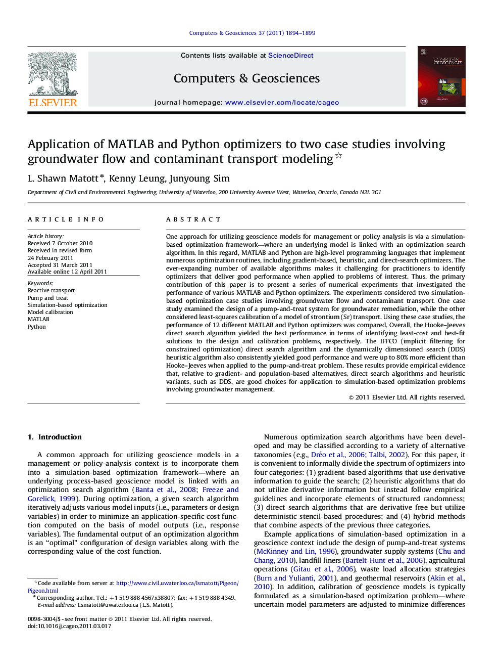 Application of MATLAB and Python optimizers to two case studies involving groundwater flow and contaminant transport modeling 