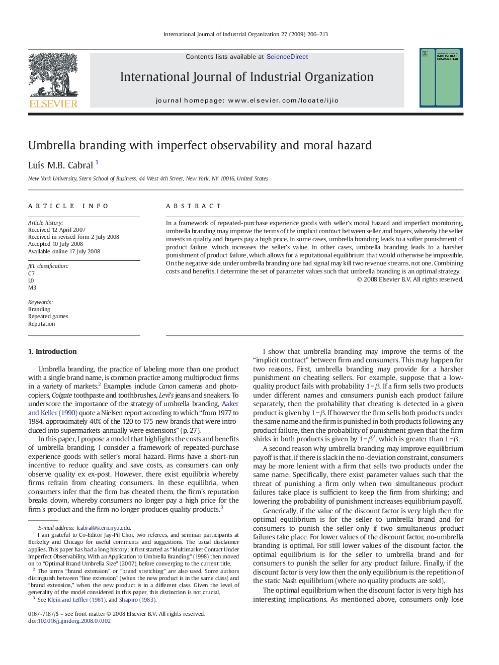 Umbrella branding with imperfect observability and moral hazard