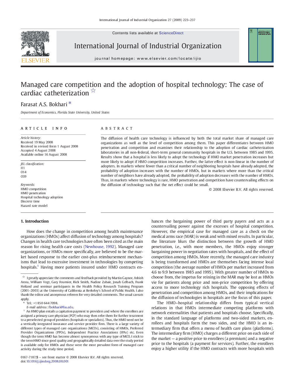 Managed care competition and the adoption of hospital technology: The case of cardiac catheterization