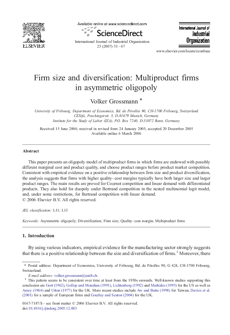 Firm size and diversification: Multiproduct firms in asymmetric oligopoly