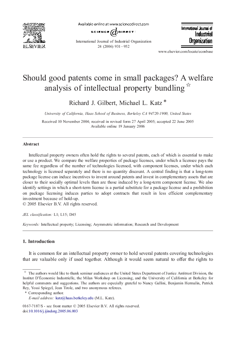 Should good patents come in small packages? A welfare analysis of intellectual property bundling