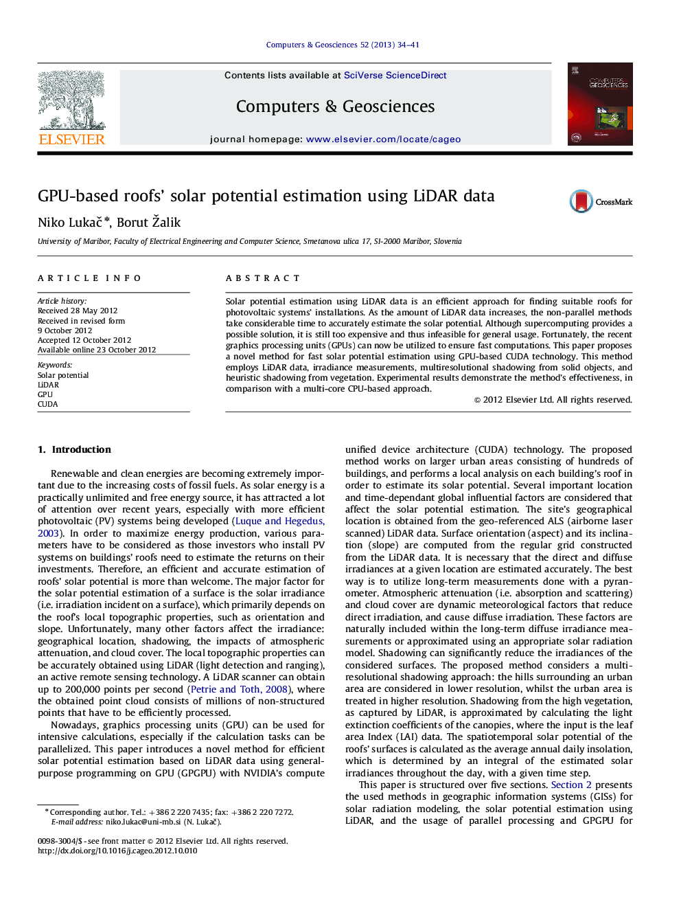 GPU-based roofs' solar potential estimation using LiDAR data