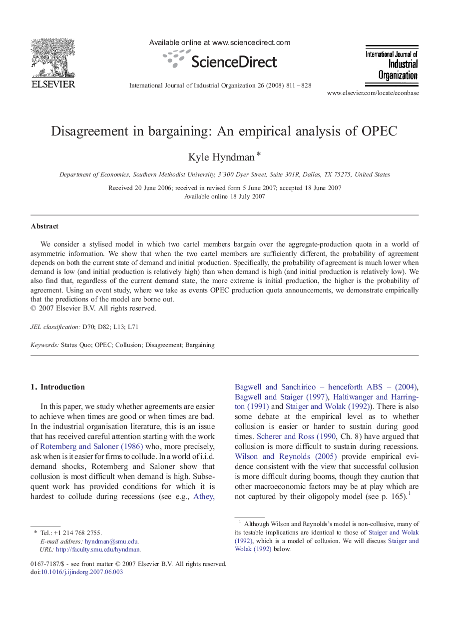 Disagreement in bargaining: An empirical analysis of OPEC