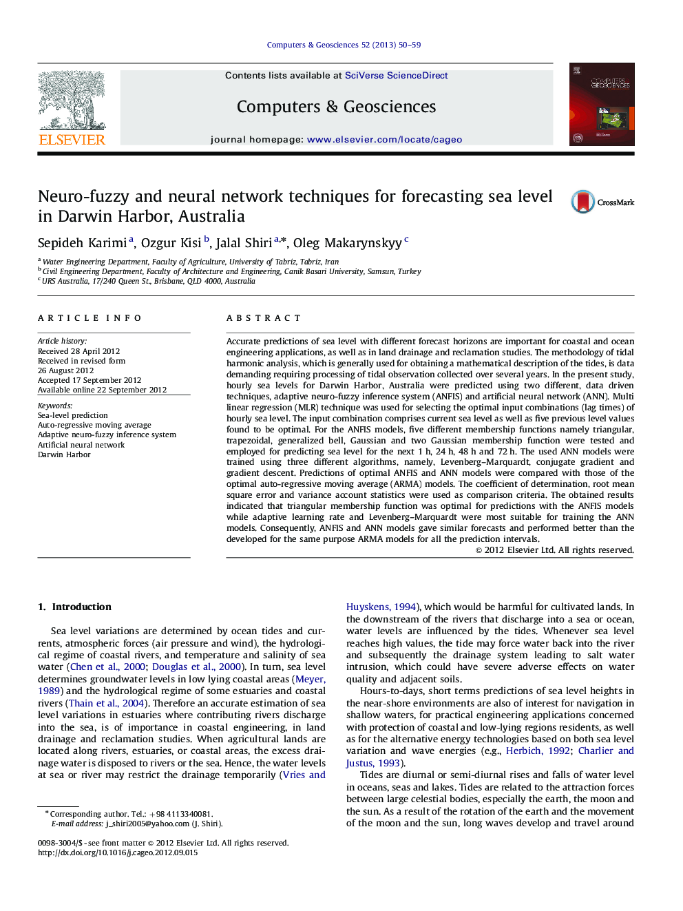 Neuro-fuzzy and neural network techniques for forecasting sea level in Darwin Harbor, Australia