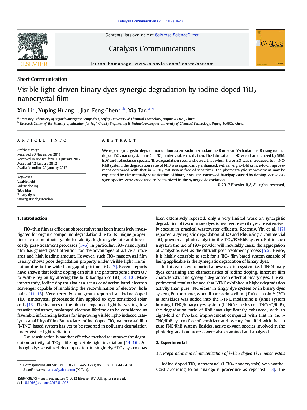 Visible light-driven binary dyes synergic degradation by iodine-doped TiO2 nanocrystal film