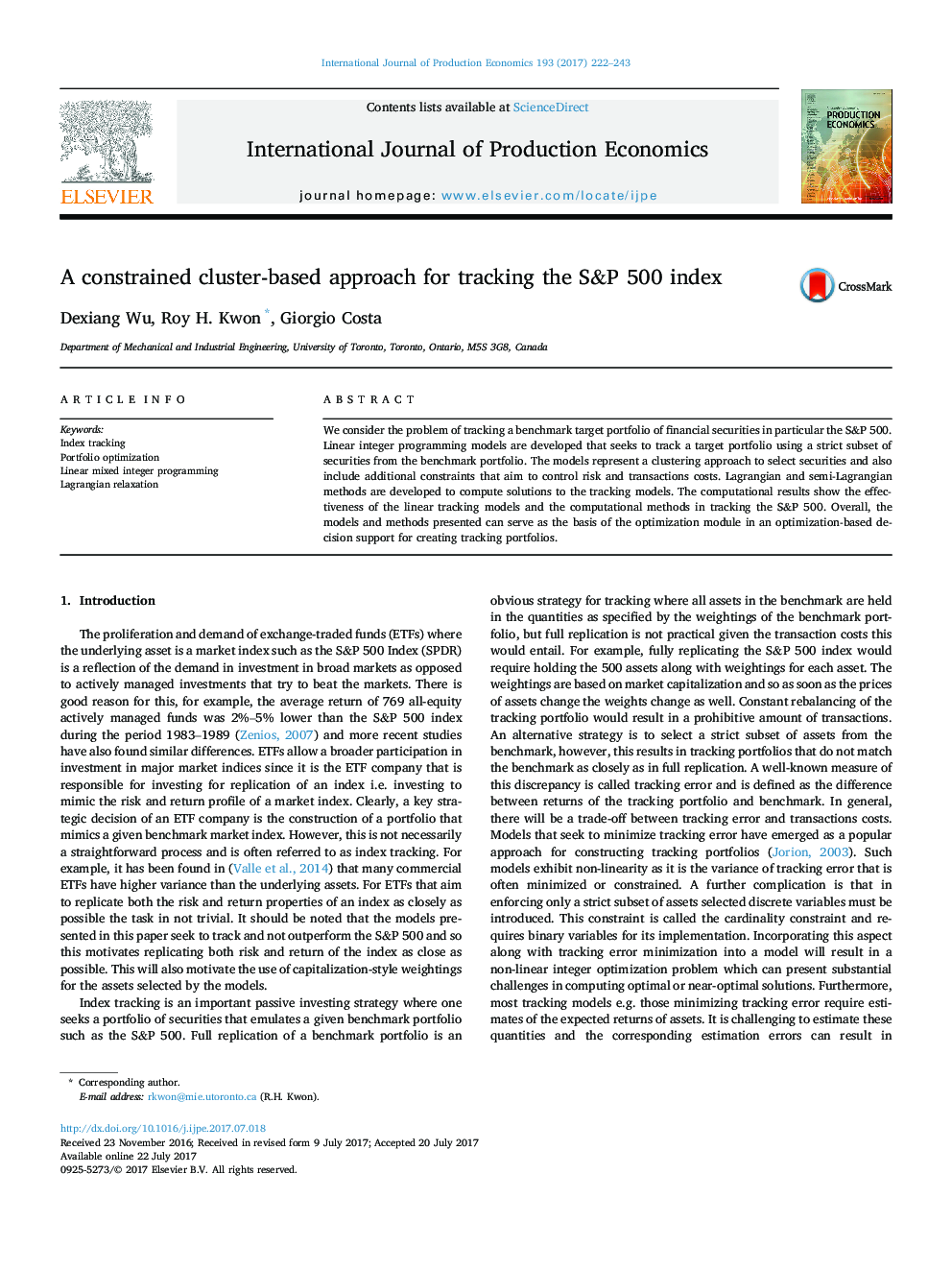 A constrained cluster-based approach for tracking the S&P 500 index