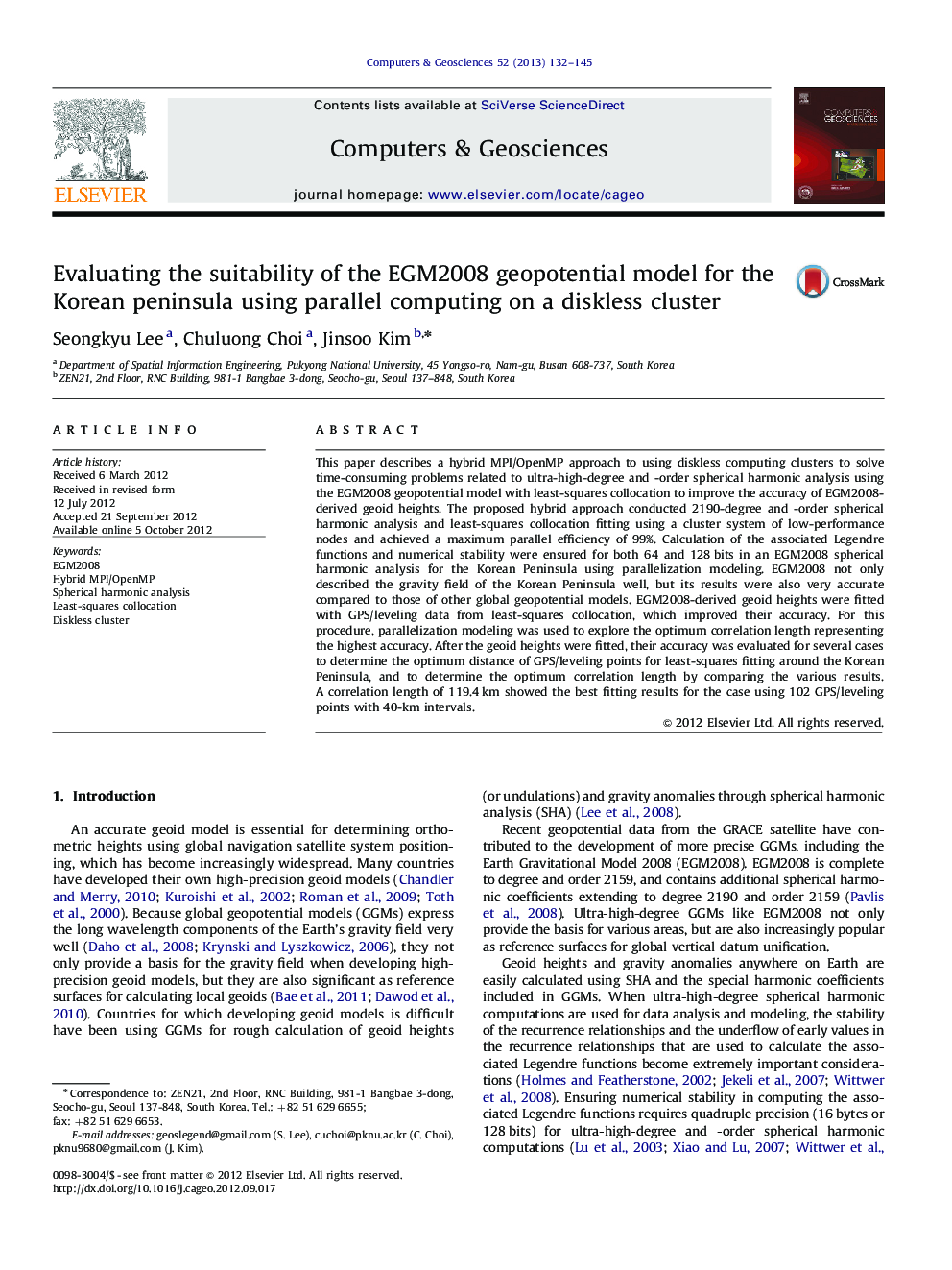 Evaluating the suitability of the EGM2008 geopotential model for the Korean peninsula using parallel computing on a diskless cluster
