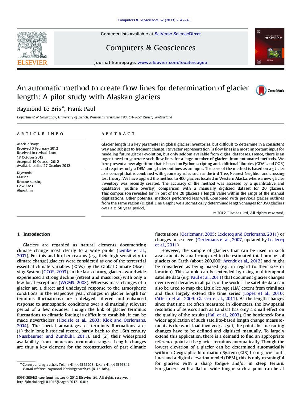 An automatic method to create flow lines for determination of glacier length: A pilot study with Alaskan glaciers