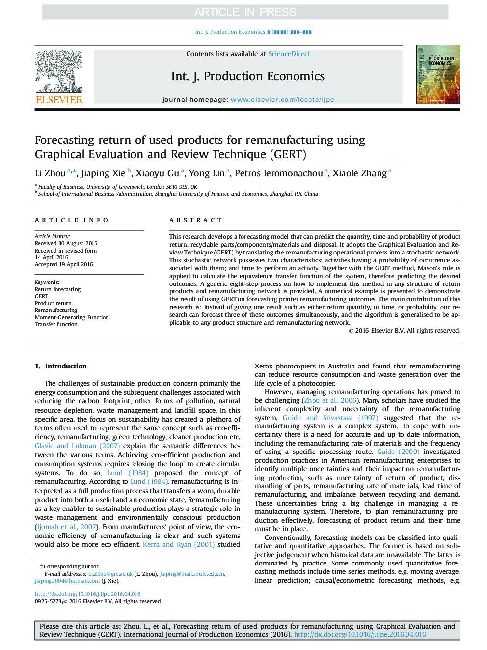 Forecasting return of used products for remanufacturing using Graphical Evaluation and Review Technique (GERT)