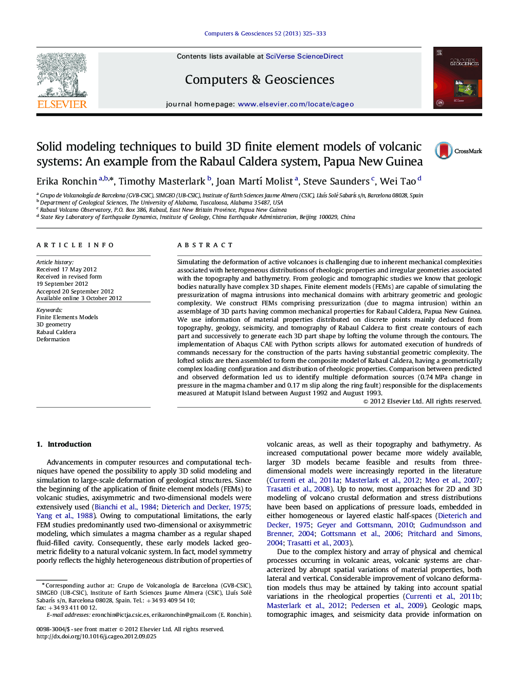 Solid modeling techniques to build 3D finite element models of volcanic systems: An example from the Rabaul Caldera system, Papua New Guinea