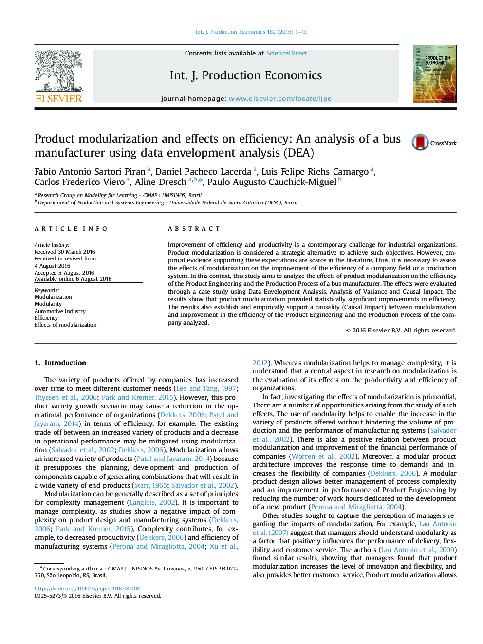 Product modularization and effects on efficiency: An analysis of a bus manufacturer using data envelopment analysis (DEA)