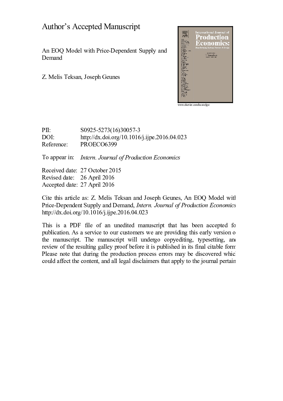 عکس صفحه اول مقاله: An EOQ model with price-dependent supply and demand An EOQ model with price-dependent supply and demand