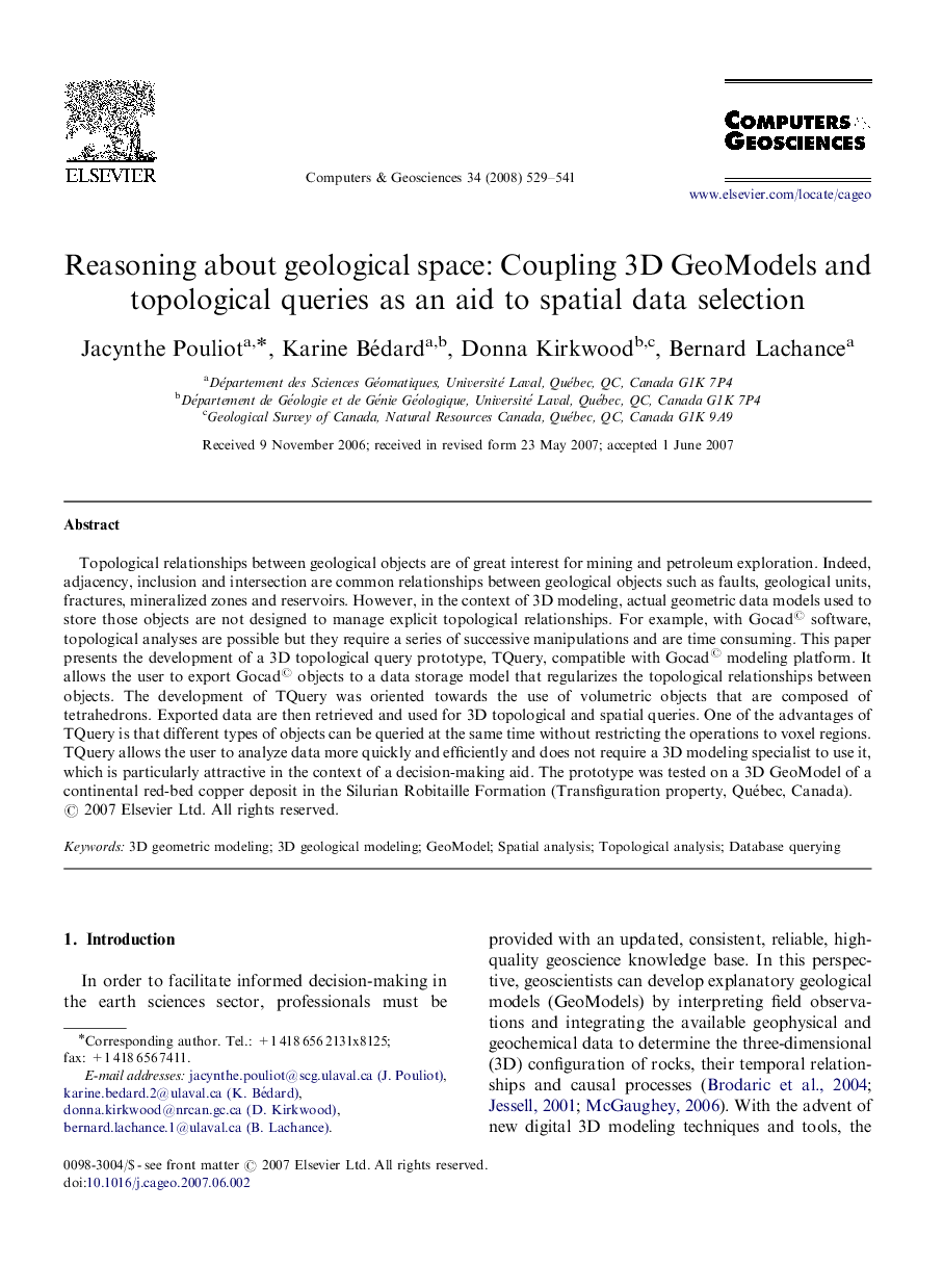 Reasoning about geological space: Coupling 3D GeoModels and topological queries as an aid to spatial data selection