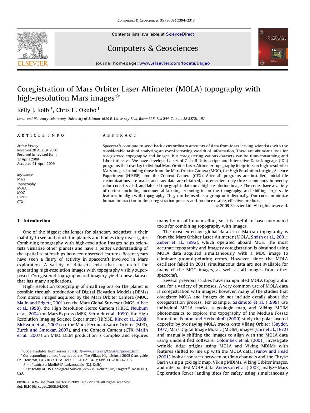 Coregistration of Mars Orbiter Laser Altimeter (MOLA) topography with high-resolution Mars images 