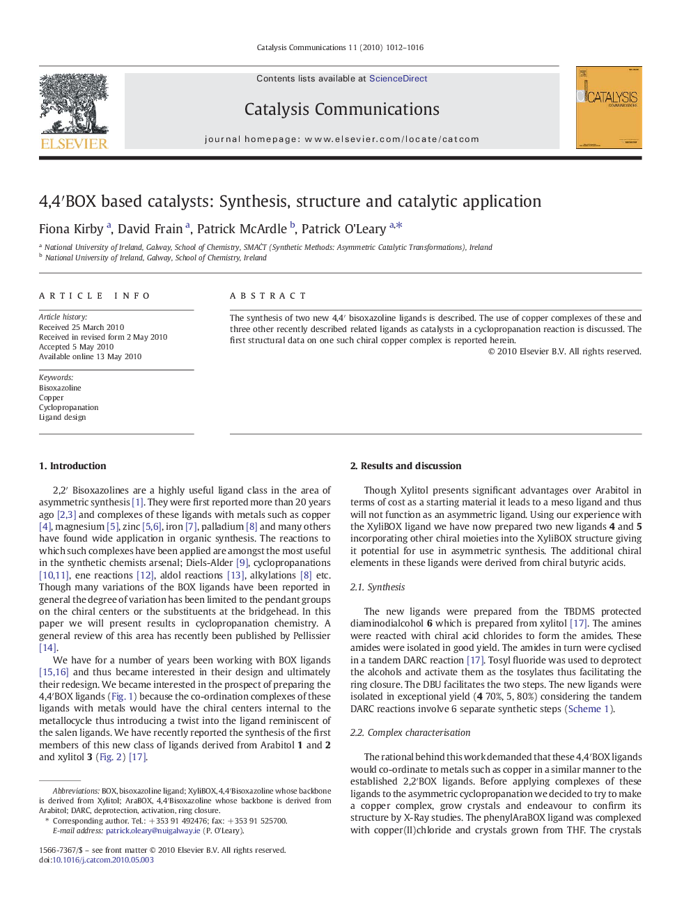 4,4′BOX based catalysts: Synthesis, structure and catalytic application