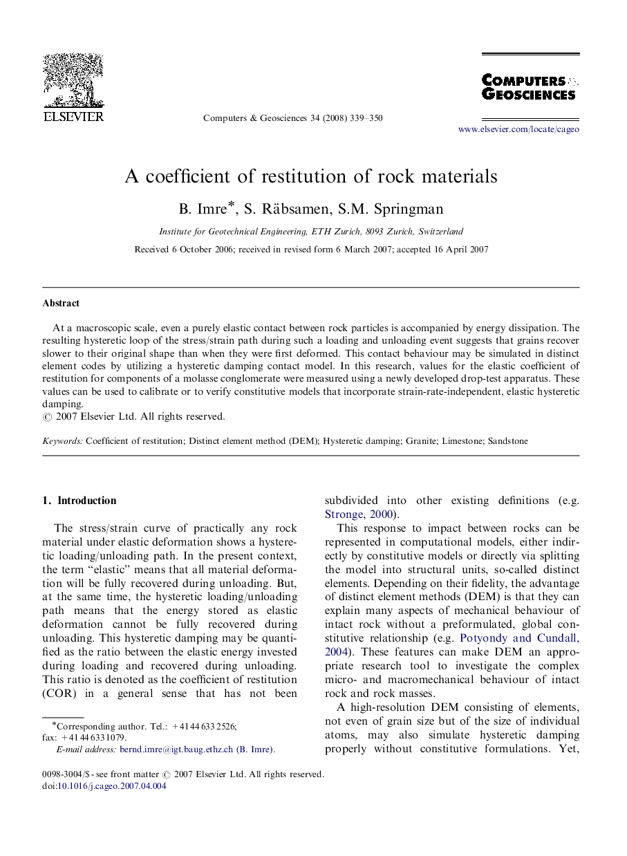 A coefficient of restitution of rock materials