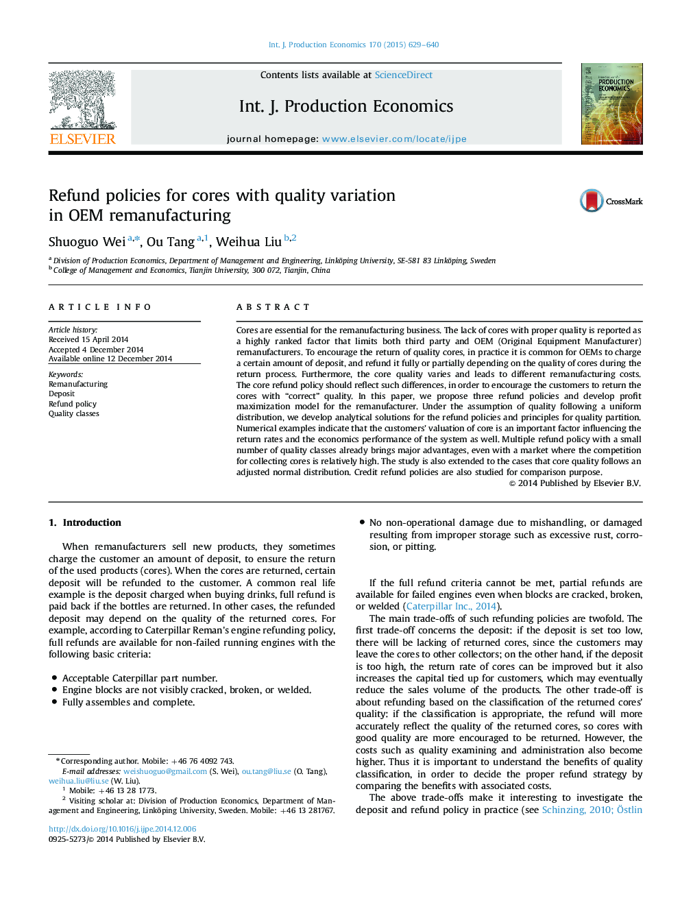 Refund policies for cores with quality variation in OEM remanufacturing