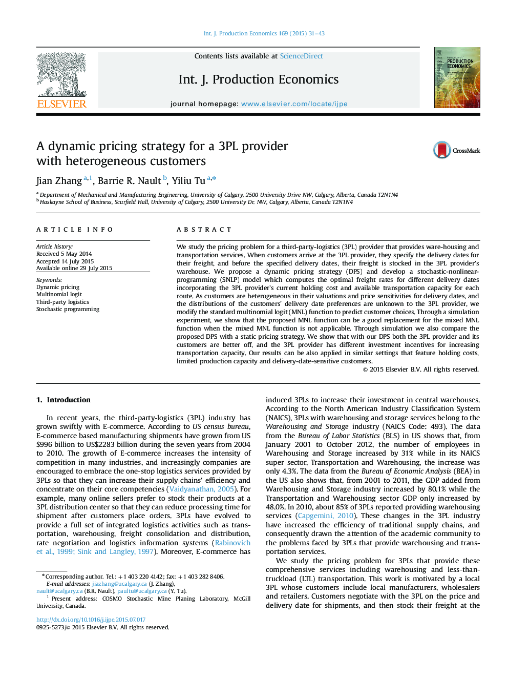 A dynamic pricing strategy for a 3PL provider with heterogeneous customers