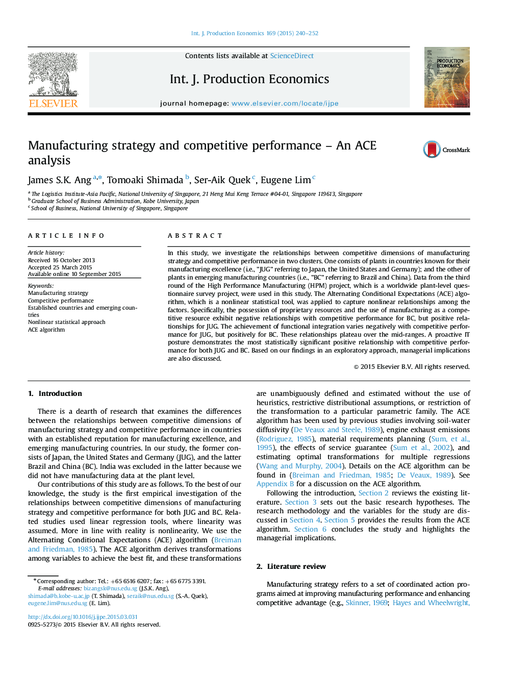 Manufacturing strategy and competitive performance - An ACE analysis