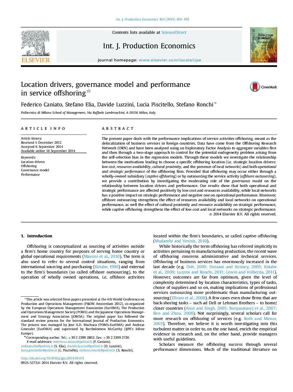 Location drivers, governance model and performance in service offshoring