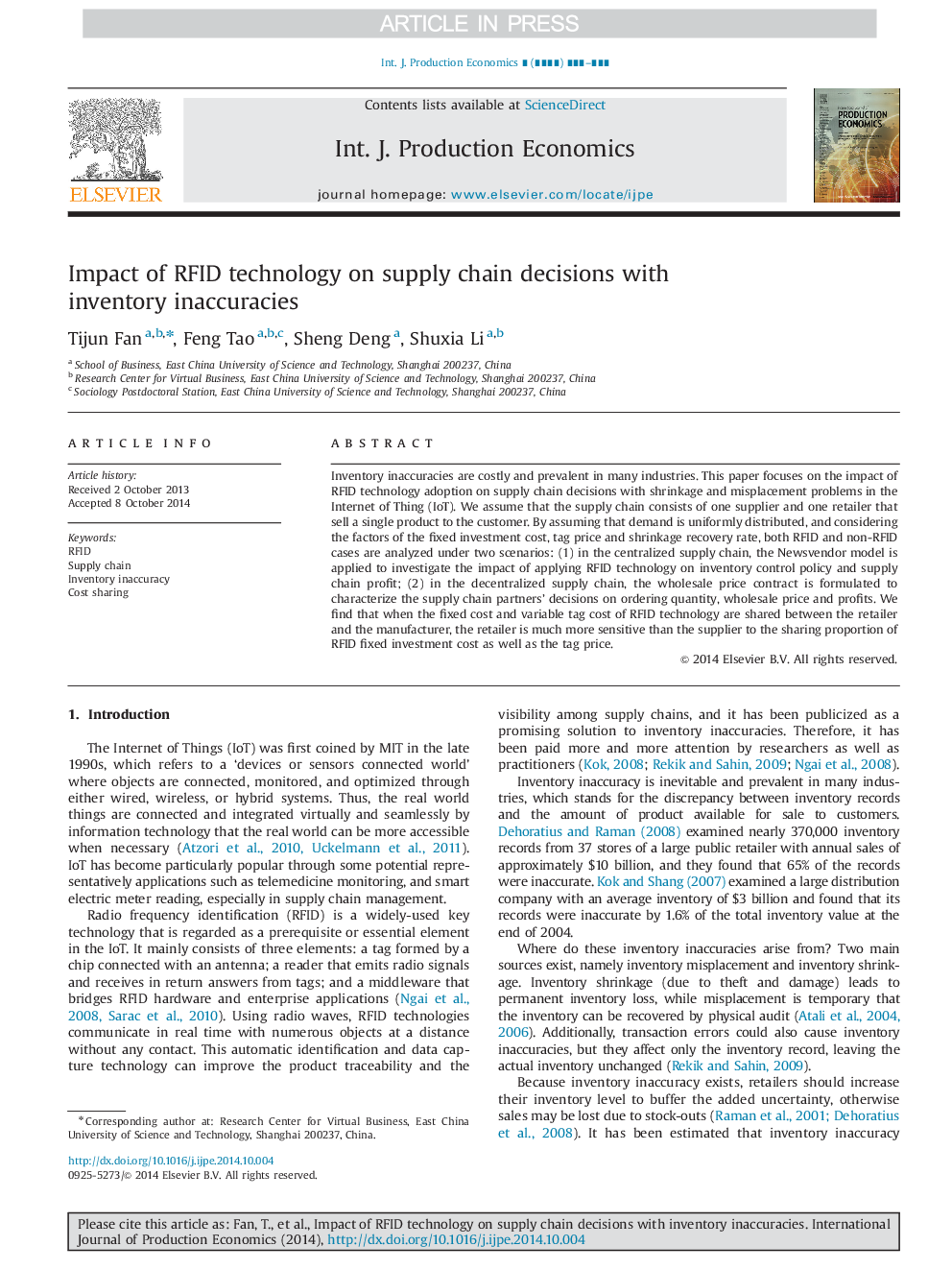 Impact of RFID technology on supply chain decisions with inventory inaccuracies