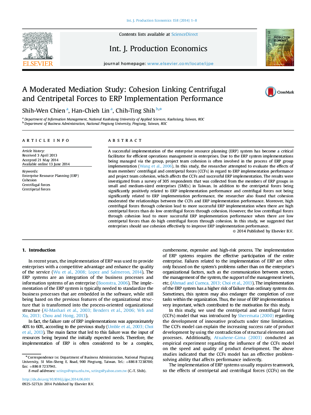 A Moderated Mediation Study: Cohesion Linking Centrifugal and Centripetal Forces to ERP Implementation Performance