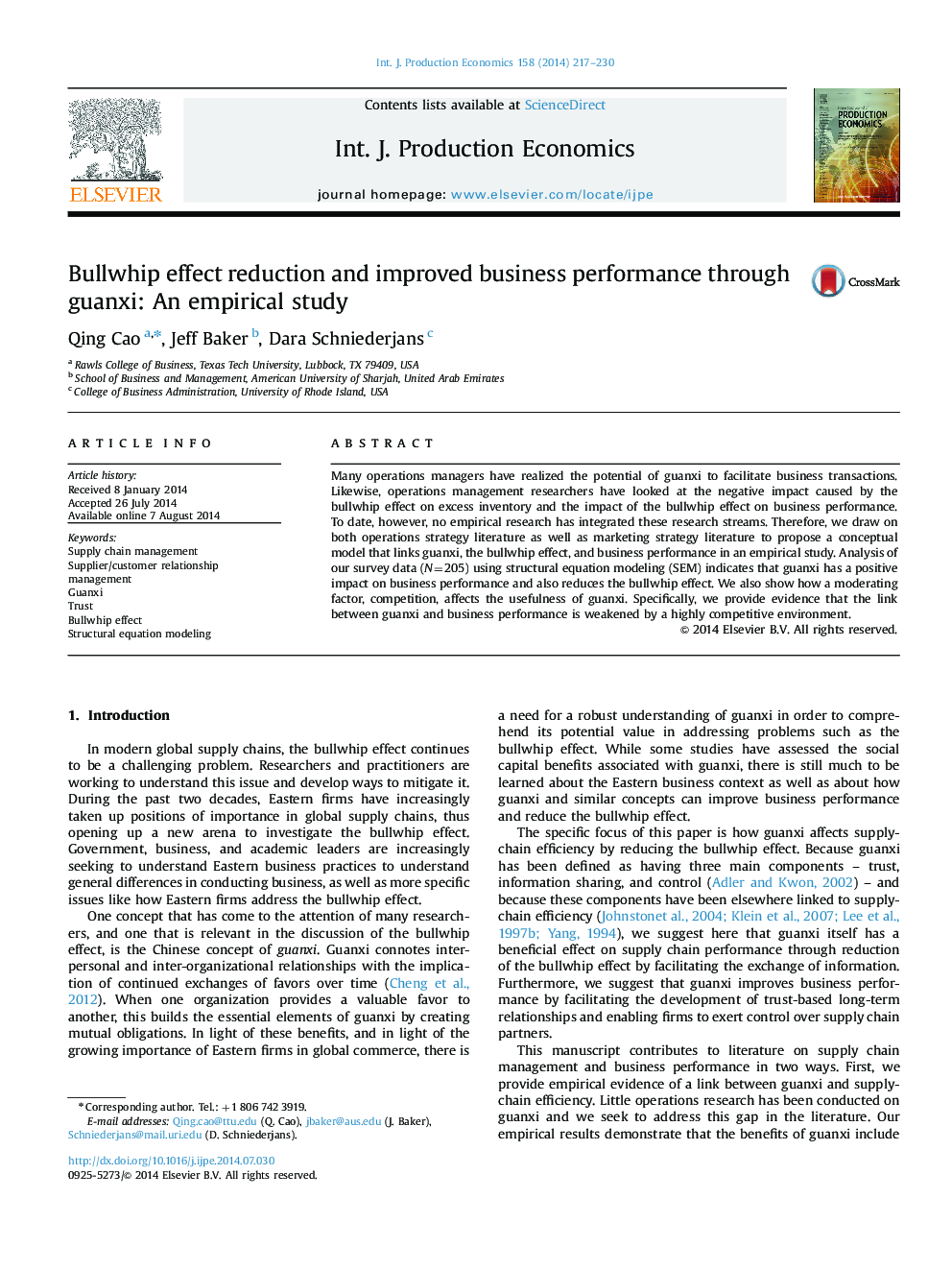 Bullwhip effect reduction and improved business performance through guanxi: An empirical study