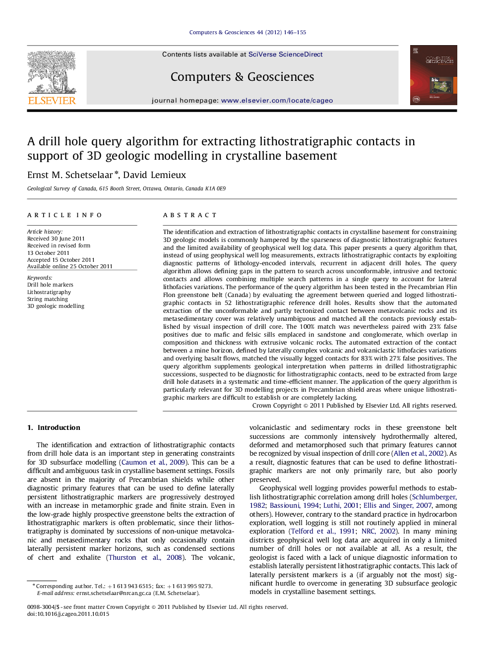 A drill hole query algorithm for extracting lithostratigraphic contacts in support of 3D geologic modelling in crystalline basement