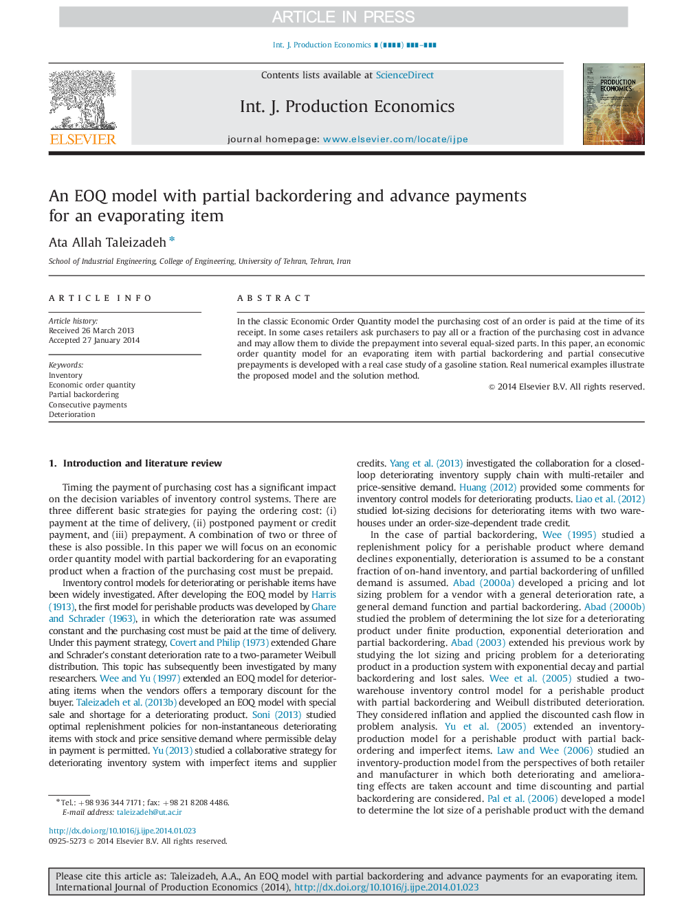 An EOQ model with partial backordering and advance payments for an evaporating item