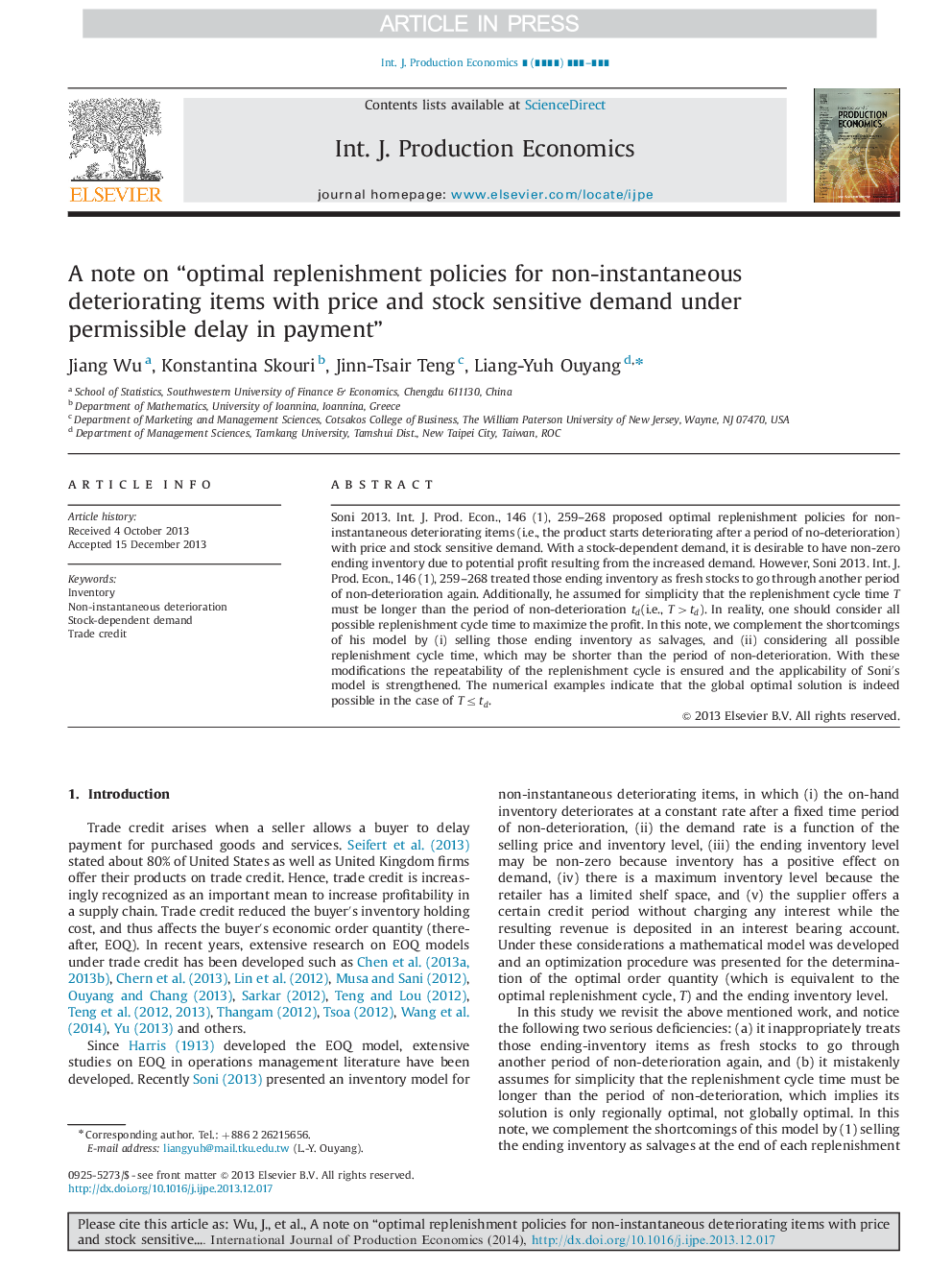 A note on “optimal replenishment policies for non-instantaneous deteriorating items with price and stock sensitive demand under permissible delay in payment”