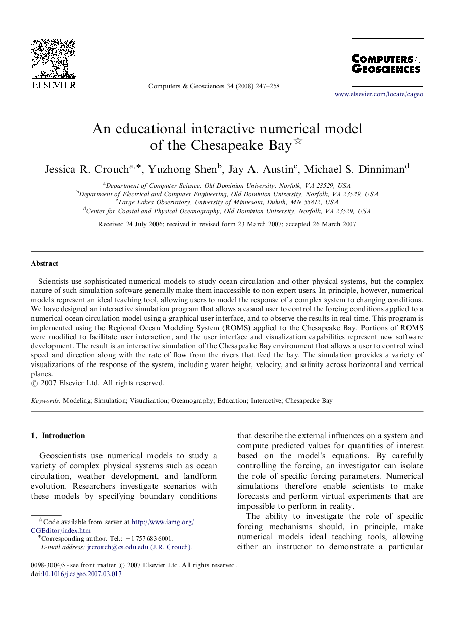 An educational interactive numerical model of the Chesapeake Bay 